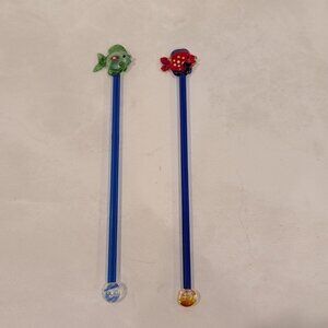 Two Glass Swizzle Sticks, Drink Stirrer with Handblown Fish Barware
